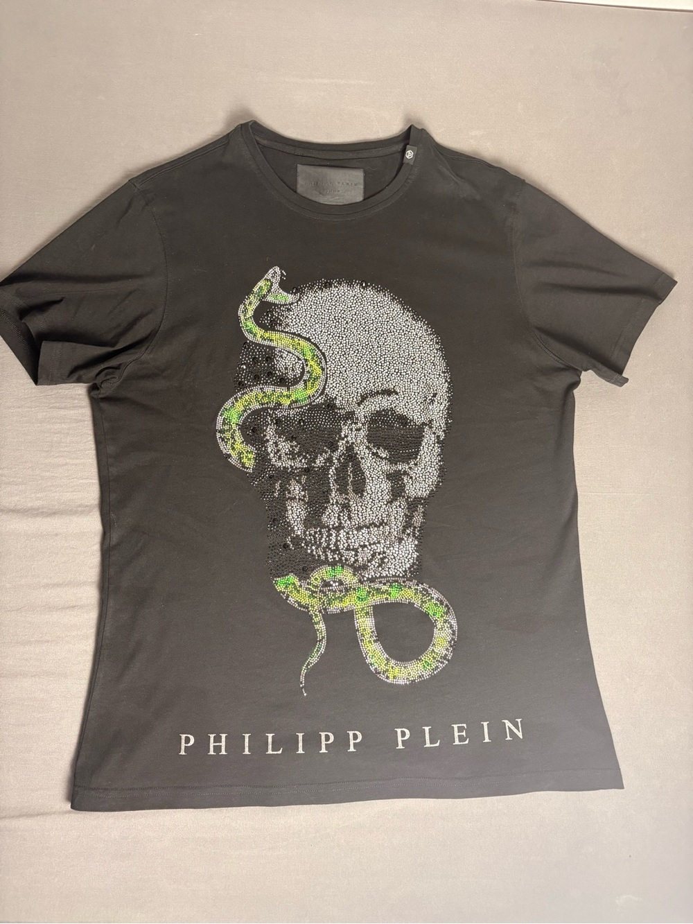 Philipp Plein Black Tee with Green Snake and Skull Graphic